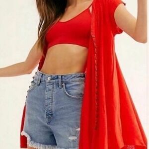 Free People Highland V-Neck Linen Blend T-Shirt in Red Size XS